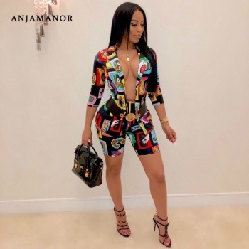 ANJAMANOR Fashion Print Sexy Two Piece Set Blazer Shorts Matching Sets Women Pant Suits Business Casual Outfits D29-AF24